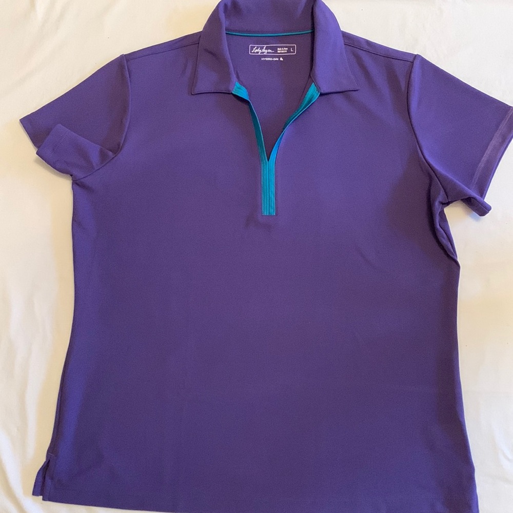 Lady Hagen - Ladies golf tee, short sleeve, purple with green collar trim